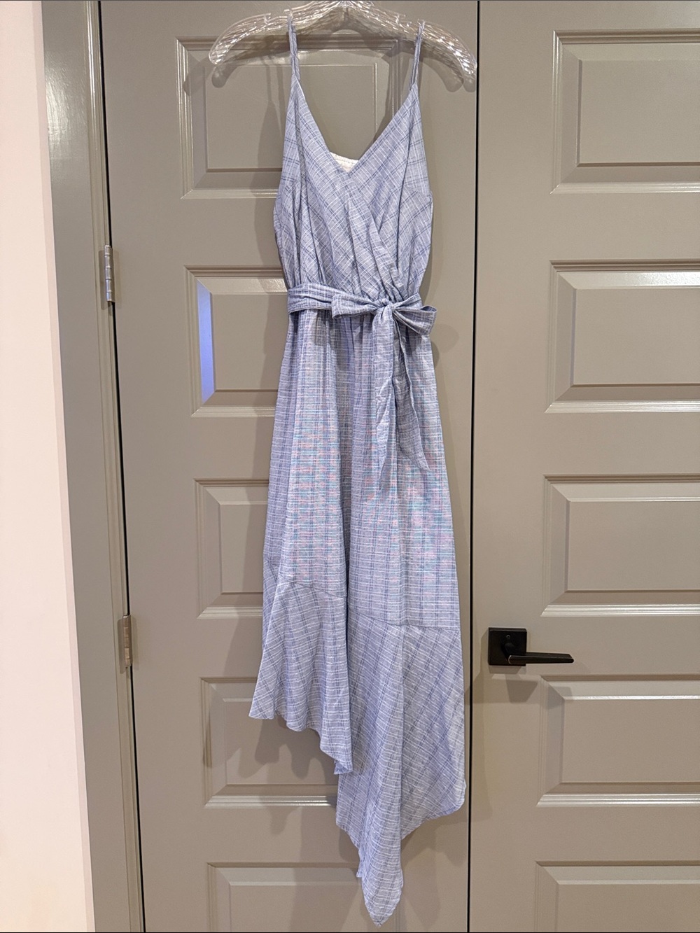 Universal Thread Light Blue Plaid Midi Dress with Tie Waist